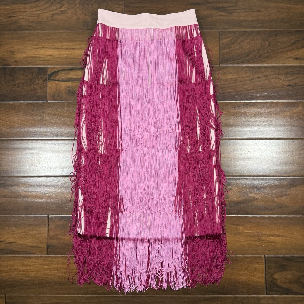 Buru Women's Size Small Pink Color Block Fringe Midi‎ Skirt
